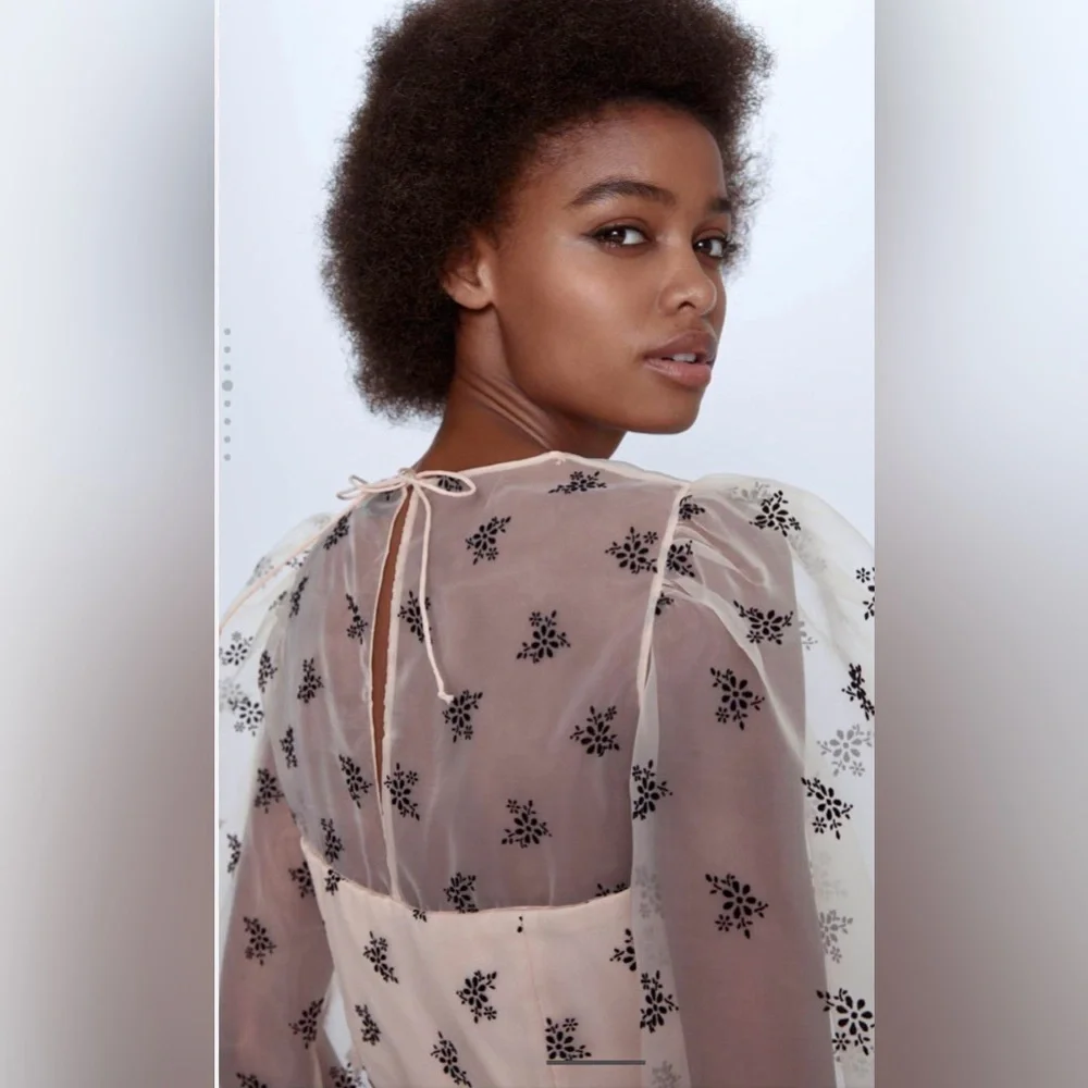 Zara Sheer Puff-Sleeve Floral Appliqué Top in Cream and Black